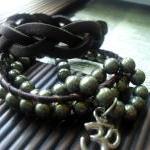 Bracelet Set Of 3 Pyrite And Leather With Om Charm