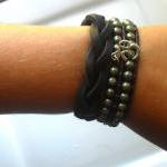 Bracelet Set Of 3 Pyrite And Leather With Om Charm