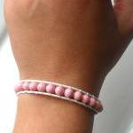 Wrap Bracelet Leather And Pink Fossil Stone Beads