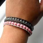 Wrap Bracelet Leather And Pink Fossil Stone Beads